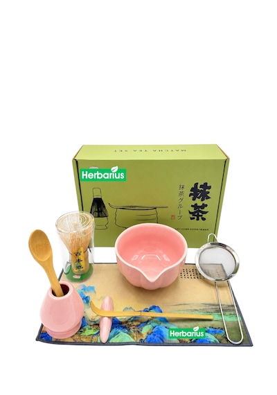 Herbarius 8 Parça Parlak Pudra Pembe Renk Matcha Çayı Hazırlama Seti - Geleneksel Japon Matcha Seti
