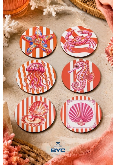 Deniz Temalı Bardak Altlığı 6 Lı Set Denizanası Yengeç Denizatı 9 Cm Mdf Çok Renkli