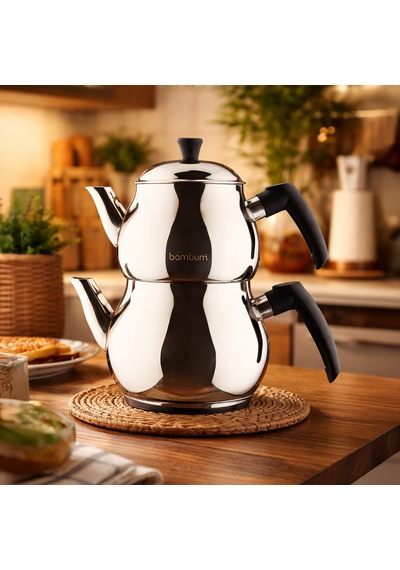 Solid Çelik Çaydanlık - Gri / Siyah - 1,6 Lt + 1,25 Lt Çok Renkli