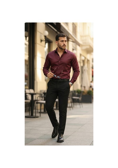 Butik İstanbul Erkek Saten Klasik Gömlek Bordo