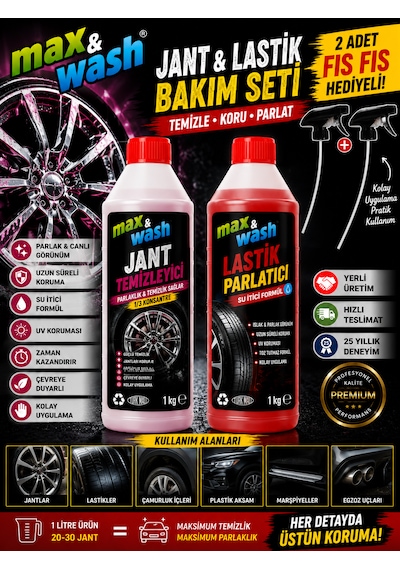 Max&wash Jant & Lastik Bakım Seti 2x1 Kg Jant Temizleyici + Lastik Parlatıcı + 2 Adet Fısfıs Hediyeli Profesyonel Araç Bakım Seti