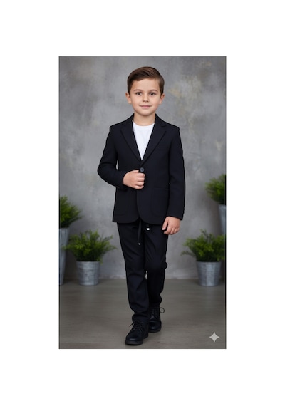 Modmen Erkek Çocuk Spor Takım Elbise Bayramlık/düğün/özel Gün Ceket Pantolon Tişört Siyah