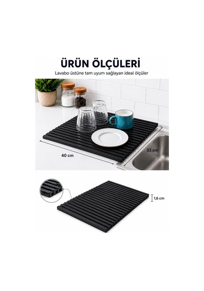 Sas Haus Plastik Pratik Lavabo Tezgah Üstü Bulaşık Kurutmalığı Siyah 35 X 45 S-10145