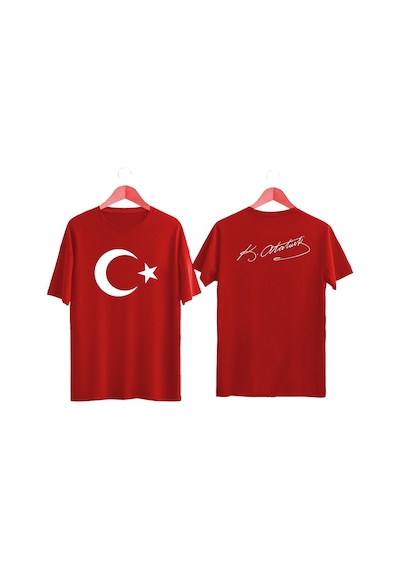 Türk Bayrağı Baskılı Atatürk Imzalı Tişört Ayyıldızlı T-shirt Kirmizi