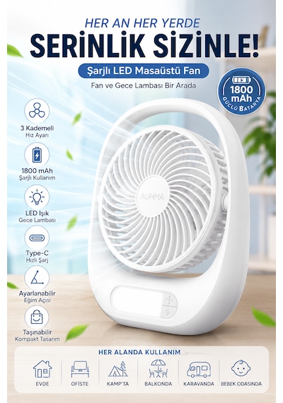 Şarjlı Led Masaüstü Fan 1800 Mah 3 Kademeli Taşınabilir Mini Auhma Masa Vantilatör Type-c Şarjlı 180 Dönebilen Başlık
