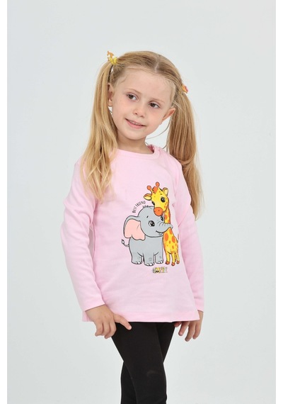 Toontoy Kız Çocuk Zürafa Fil Baskılı Sweatshirt Pembe