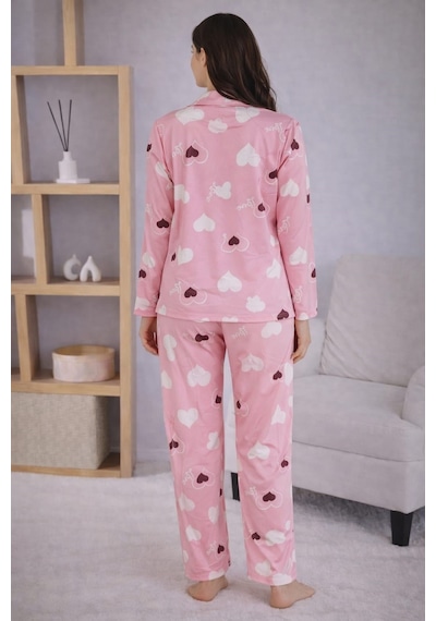 Pemilo Kadın 7120 Uzun Kol Düğmeli Pijama Takımı PEMBE