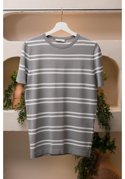 San&fa Bisiklet Yaka Çizgili Rayon Kumaş Slimfit T-shirt Gri