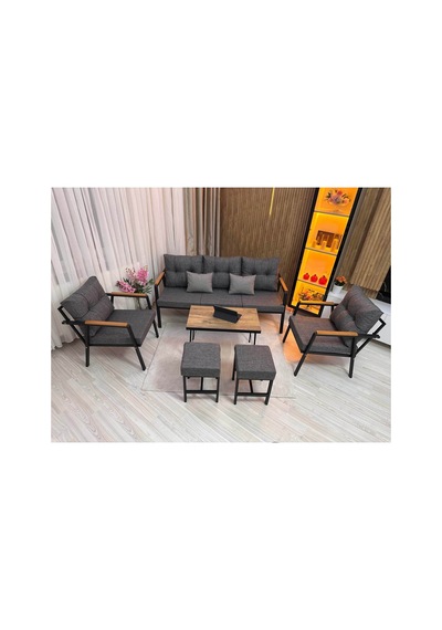 Houseart Balkon, Bahçe - Metal Kanepe Koltuk Takımı 3+1+1 + 2 Adet Puf + Sehpa Gri