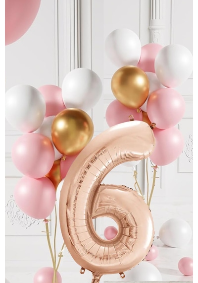 6 Yaş Retro Gold Pembe Beyaz Balon Seti Rose Gold Rakamlı Doğum Günü Balonu Şık Parti Süsleme Çok Renkli