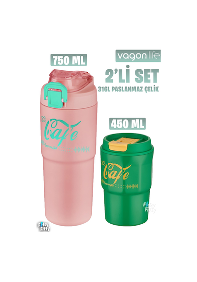 Vagonlife 2'li Çelik Termos-kahve Bardağı Seti 750ml Çift Kullanım Termos//450ml Mug Kahve Bardağı Pembe - Yeşil
