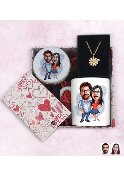 BK Gift Sevgiliye Özel Karikatürlü Kutuda Hediye Seti, Kupa Bardak, Sevgili Hediyesi, İsimli Papatya Kolye, Kokulu Mum,Yıl Dönümü Hediyesi-5