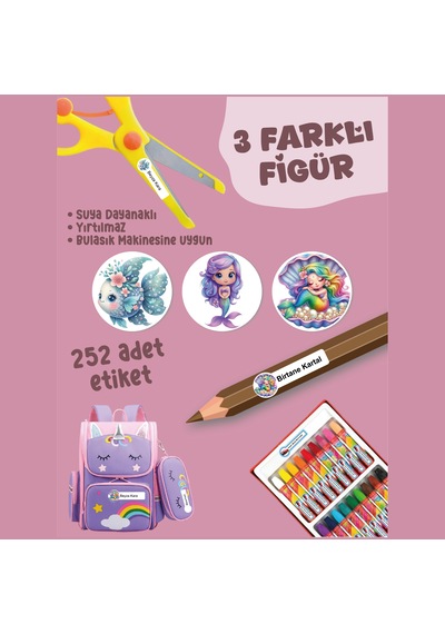 Okul Etiketi Kalem Defter Etiketi Deniz Perisi Özel İsim Yazılabilen Etiket - 252adet