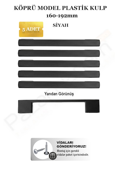 Sert Plastik Köprü Model 96/128mm - 160/192mm 2 Seçnek Çift Ölçü Delikli Mobilya Mutfak Çekmece Kulpları 5 Adet Mat Siyah 2
