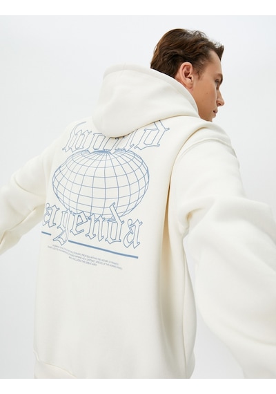 Koton Oversize Sweatshirt Kapşonlu Arkası Baskılı Sloganlı Ekru 4wam70457mk Ekru
