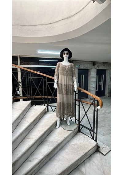 Eren Style İtalyan Sunshine İpek Detaylı Dantelli Elbise-9033 Vizon