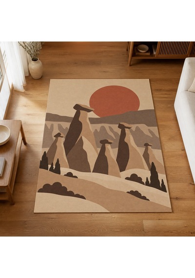 Kartela Halı Kapadokya Peri Bacası Desenli Halı Bej Kaymaz Taban Makinede Yıkanabilir 100x150 Cm