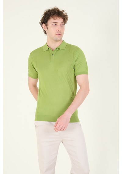Giyim Dünyası Erkek Yanları Desenli Polo Yaka Merserize T-shirt Yeşil 001