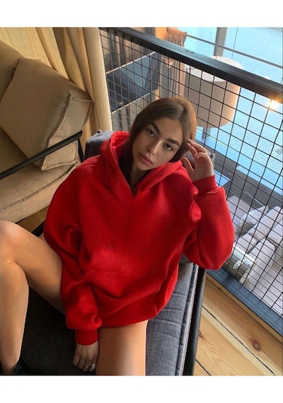 Benroma 3 İplik Penye Unisex Oversize Kalıp Kırmızı Sweatshirt Kırmızı
