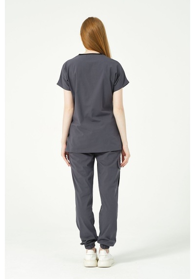 Füme Likralı Scrubs Kargo Cep Jogger Paça Doktor Hemşire Forması Yarasa Kol Takım Unisex