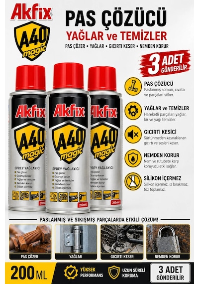 Akfix Pas Çözücü Yağlar Temizler Gıcırtı Kesici Nemden Korur Silikon İçermez 200 Ml 3 Adet