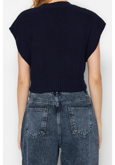 Ersefa Stil Modern Kadın Crop Standart Kol Bisiklet Yaka Triko Süveter Lacivert