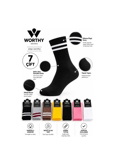 Worthy Socks 7'li Unisex Yüksek Kaliteli Spor Atletik Tenis Corap Seti 7 Çift Çok Renkli