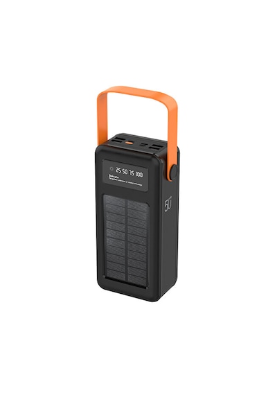 50000 Mah Solar Güneş Enerjili Powerbank - Dijital Göstergeli Led Fenerli Taşınabilir Kampçı Batarya Siyah