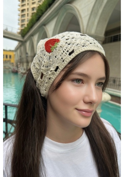 Kadın Yazlık Çilek Nakışlı Örgü Bandana Günlük Bohem Saç Aksesuarı Ekru