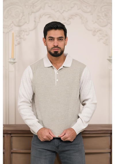 Woolen World Polo Yaka Armürlü Yünlü Erkek Triko Kazak Krem