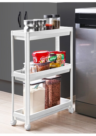 Omaş Household Product Tekerlekli Dikdörtgen 3 Katlı Raf Ünitesi - Banyo Mutfak Düzenleyici Organizer Raf - Modern Raf Ünit Gri
