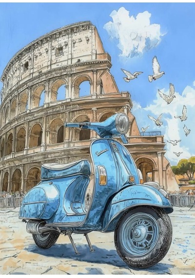 Roma Kolezyum Ve Mavi Vespa Çizim Tasarımlı Kanvas Tablo, Retro İtalya Seyahat Temalı