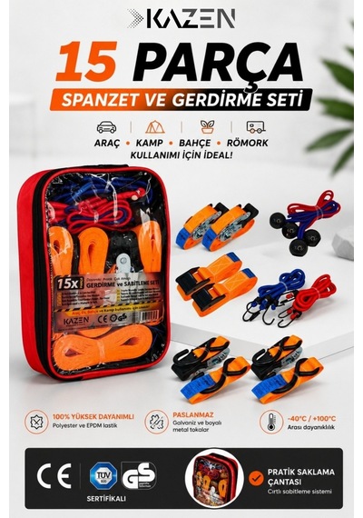 Kazen 15X Parça Spanzet Bagaj Lastiği Gerdirme Halat + Kayış Seti