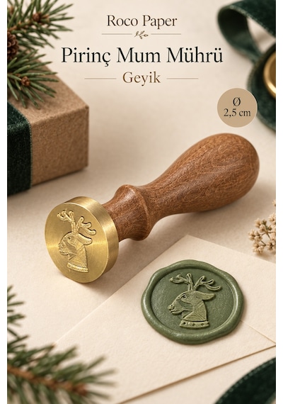 Yılbaşı Temalı Ahşap Pirinç Mum Mührü - 2.5 Cm Çap, Yeniyıl Geyik Çok Renkli