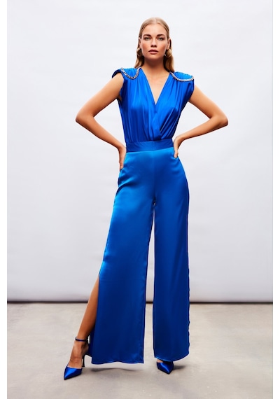 Sateen Yırtmaç Detaylı Saten Pantolon - Saks Mavisi
