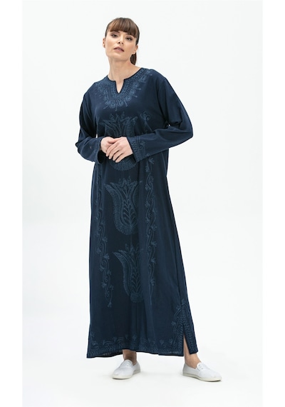 Eliş Şile Bezi Uzun Kol Şile Bezi Simli Kaftan Midi Boy Elbise Lacivert Lcvt