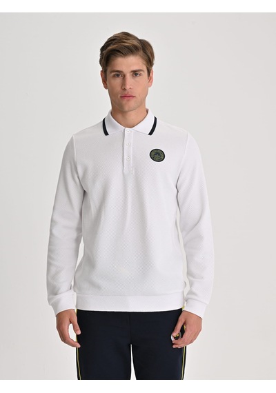 Fenerbahçe Beyaz Tribün Tek Renk Logolu Uzun Kollu Erkek Polo Tshirt