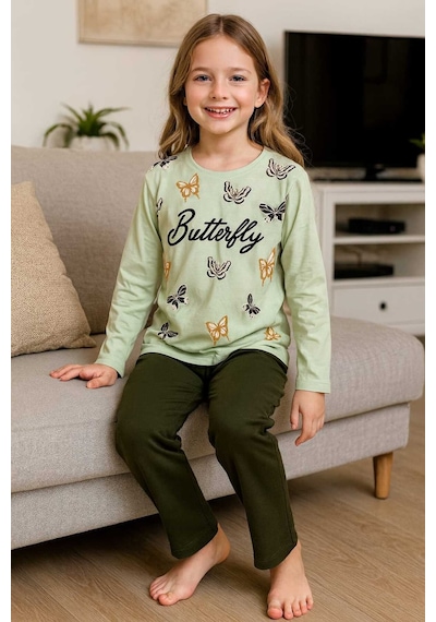 Kız Çocuk Pijama Takımı %100 Pamuk Yeşil