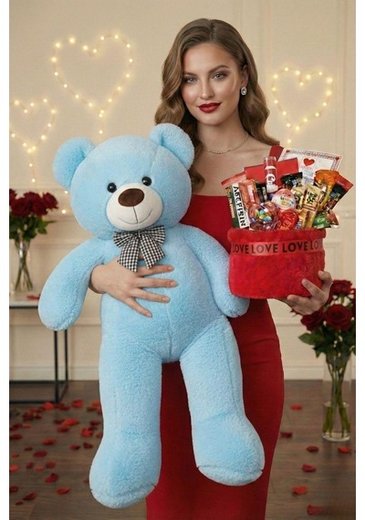 3 Lü Sevgililer Günü Hediye Seti 90 Cm Peluş Ayı, Love Çikolata Sepeti & Mavi Peluş Ayıcık Buketi