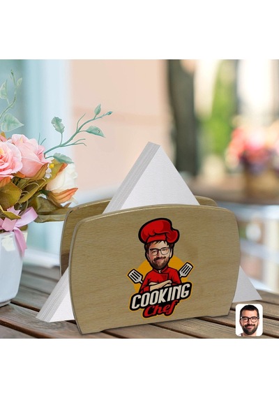 Kişiye Özel Erkek Chef Karikatürlü Lüks Ahşap Peçetelik-11 (511119644)