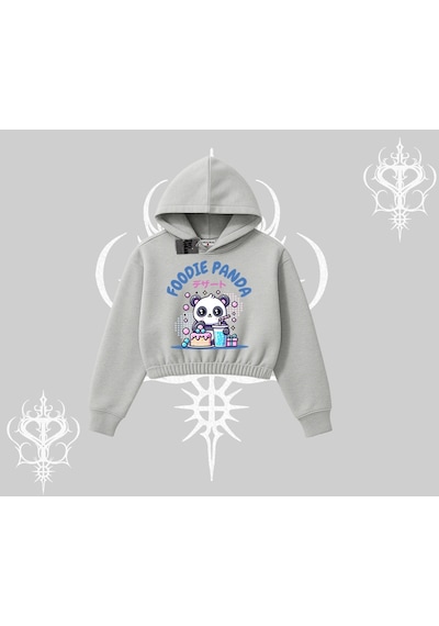 Startmore Kapşonlu Crop Sweatshirt Foodie Panda Tatlı Ve Sevimli Panda Baskılı Gri