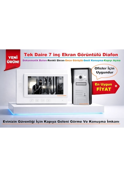 Görüntülü Diafon Sistemi 7 İnç Ekran Daire-ofis İçin Uygundur + Renkli + Sesli Konuşma + Kapıyı Açma