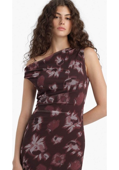 Defacto Bodycon Vücudu Saran Açık Omuz Çiçek Desenli Tül Maxi Elbise F0421ax25aubr232 Bordo