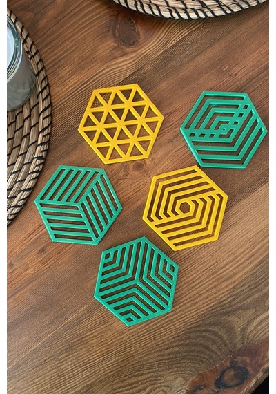 Kazanova Design Geometrik Altıgen Bardak Altlığı Seti Yeşil Ve Sarı Dekoratif