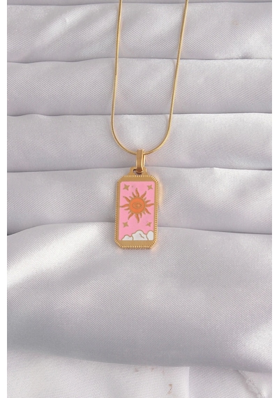 316l Çelik Gold Renk Pembe Mineli Güneş Model Tarot Kolye Çok Renkli