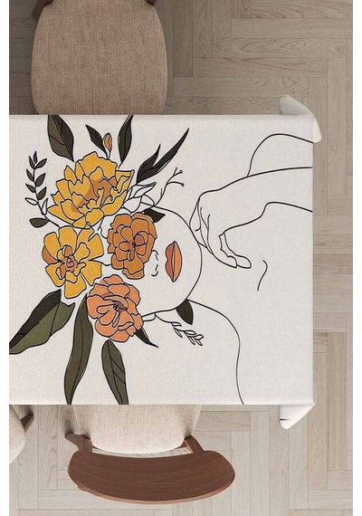 Ekru Modern Desenli Dokuma Leke Tutmaz Masa Örtüsü Mso341n11