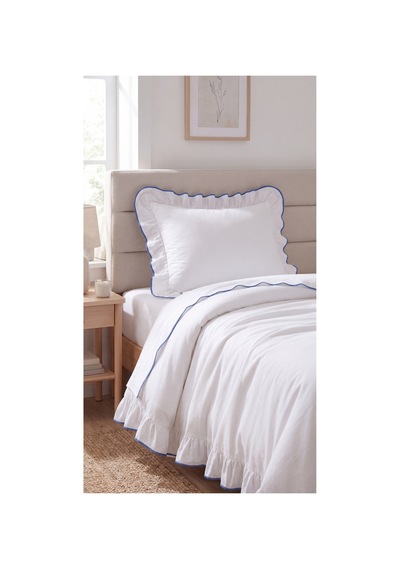 %100 Pamuk Overloklu Fırfırlı Tek Kişilik Nevresim Takımı Lastikli Çarşaflı 160x200 Cm Mavi - 904799828 Mavi