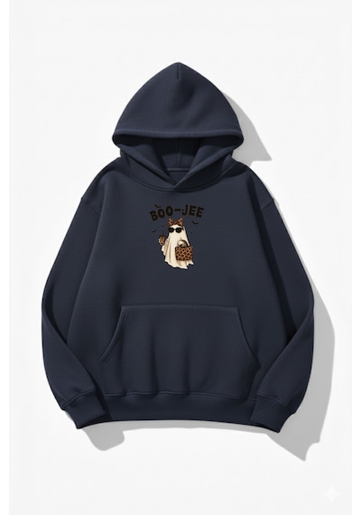 Uyguntarz Unisex Yumuşak Dokulu Boo-jee Ghost Baskılı Tasarım Oversize 3 İplik Hoodie Sweatshirt Indigo