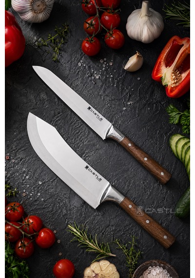 Hand Craft Mutfak Bıçak Seti Et Ekmek Sebze Şef Bıçağı 2 Li Set Günlük Kullanım Mft-2458 Ceviz