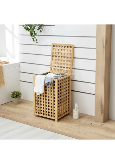 Deconox Kare Bambu Çamaşır Sepeti 40x40x56 Cm - İçi Bezli, Kapaklı Doğal Ahşap Kirli Sepeti Diğer